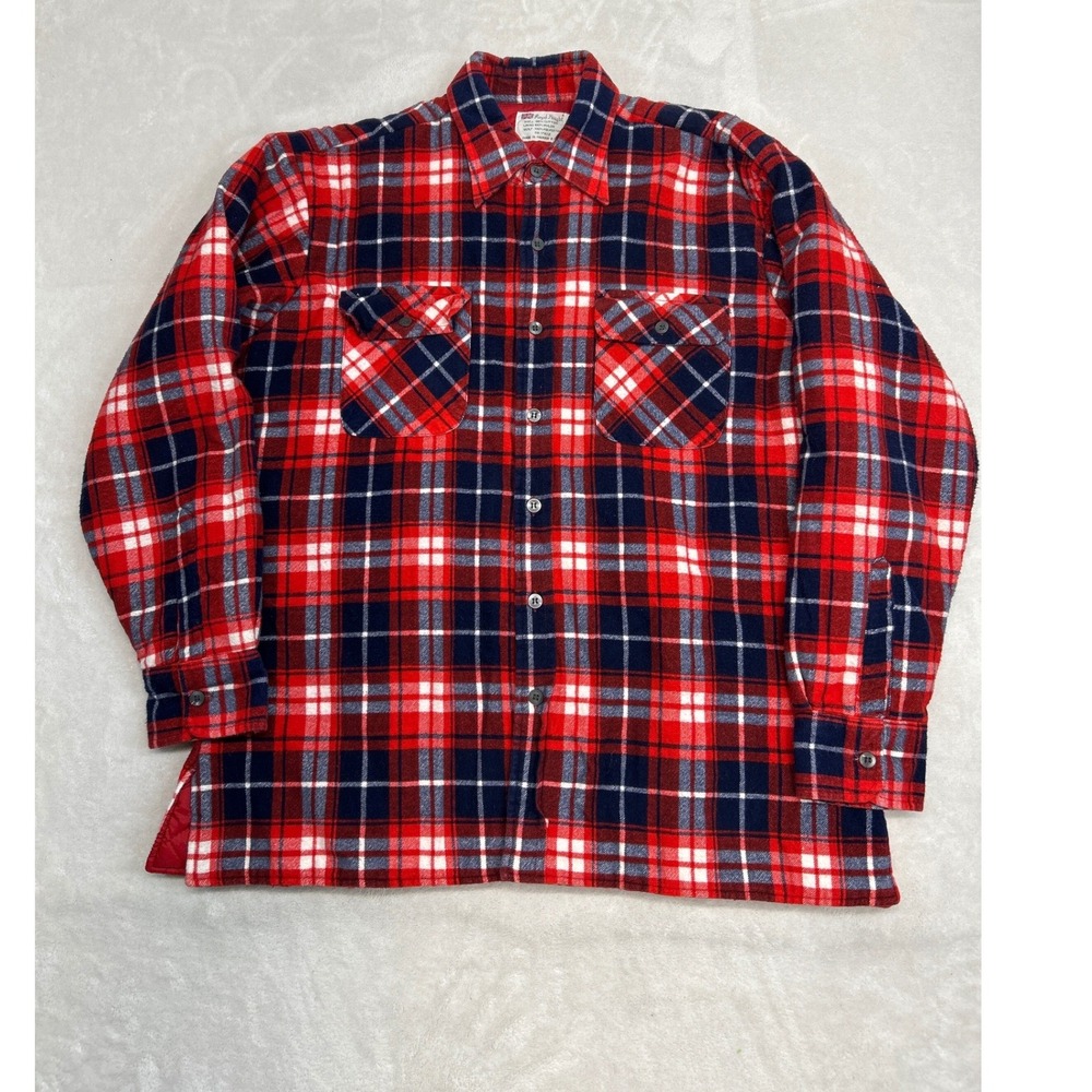 Vintage Royal Knight Flannel Shirt Jacket Mens L Red Blue Plaid Quilted Lined